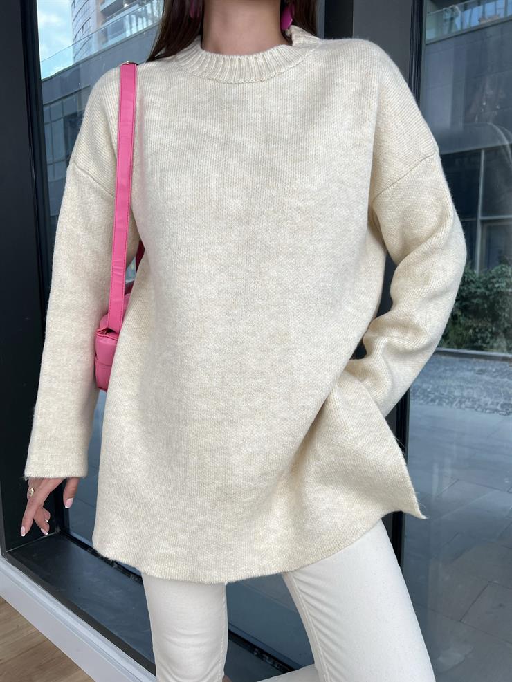 Bisiklet Yaka Oversize Pretty Kadın Bej Kazak 24k000172