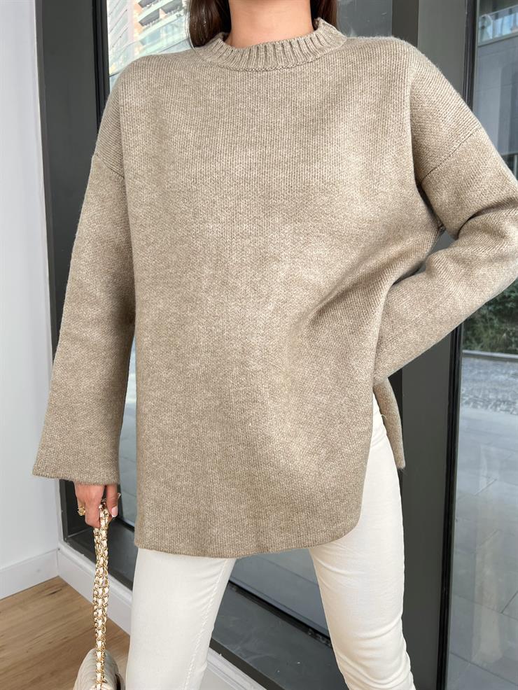 Bisiklet Yaka Oversize Pretty Kadın Vizon Kazak 24k000172