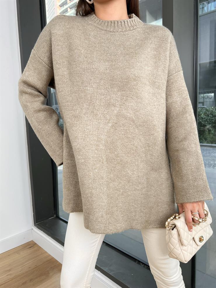 Bisiklet Yaka Oversize Pretty Kadın Vizon Kazak 24k000172