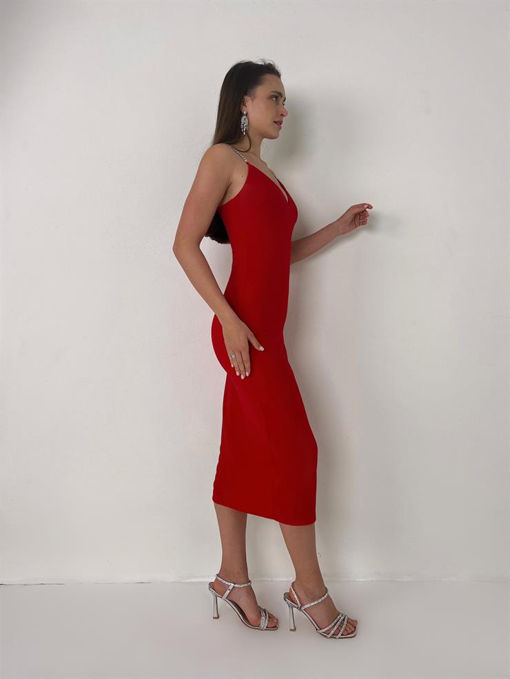 V Yaka Askısı Ve Yırtmaç Kısmı Taş Detaylı Primo Kadın Kırmızı Midi Elbise 23Y000094