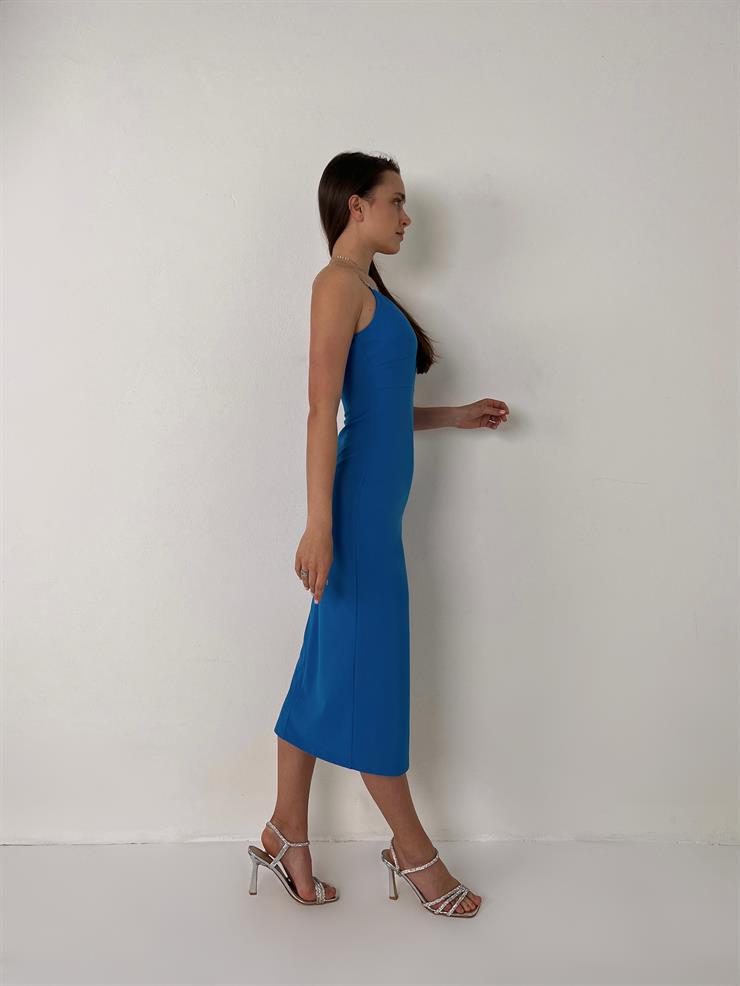 V Yaka Askısı Ve Yırtmaç Kısmı Taş Detaylı Primo Kadın Mavi Midi Elbise 23Y000094