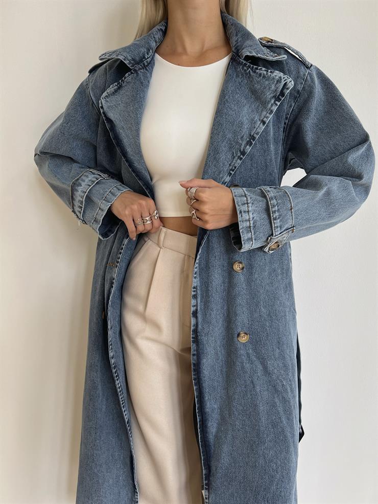 Beli Kemerli Profo Kadın Mavi Kot Trençkot 24k000076