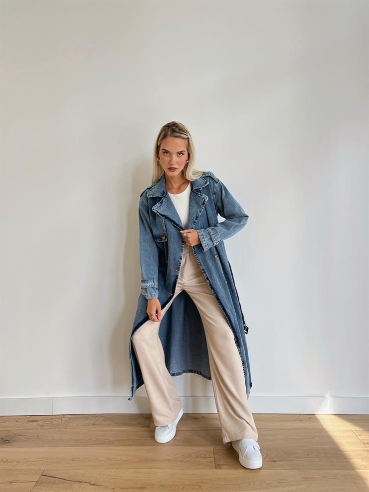 Beli Kemerli Profo Kadın Mavi Kot Trençkot 24k000076