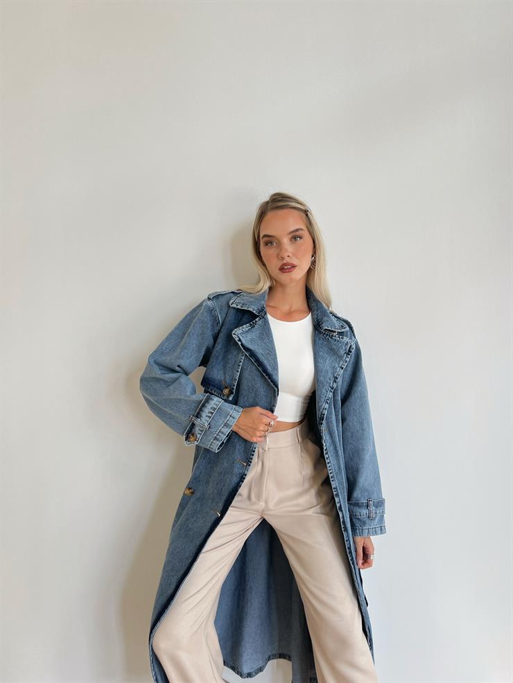 Beli Kemerli Profo Kadın Mavi Kot Trençkot 24k000076