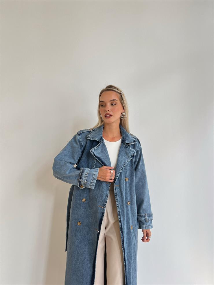 Beli Kemerli Profo Kadın Mavi Kot Trençkot 24k000076