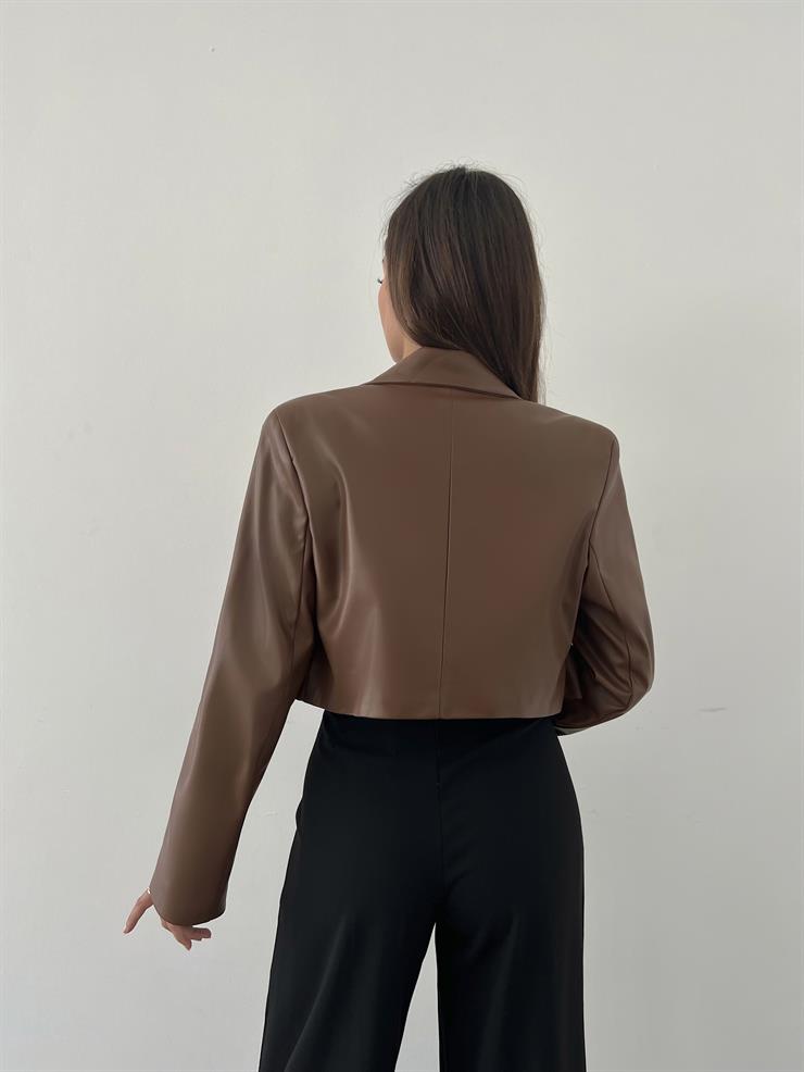 Önü Düğme Kapamalı Prokhop Kadın Taba Crop Vegan Deri Ceket 23K000476