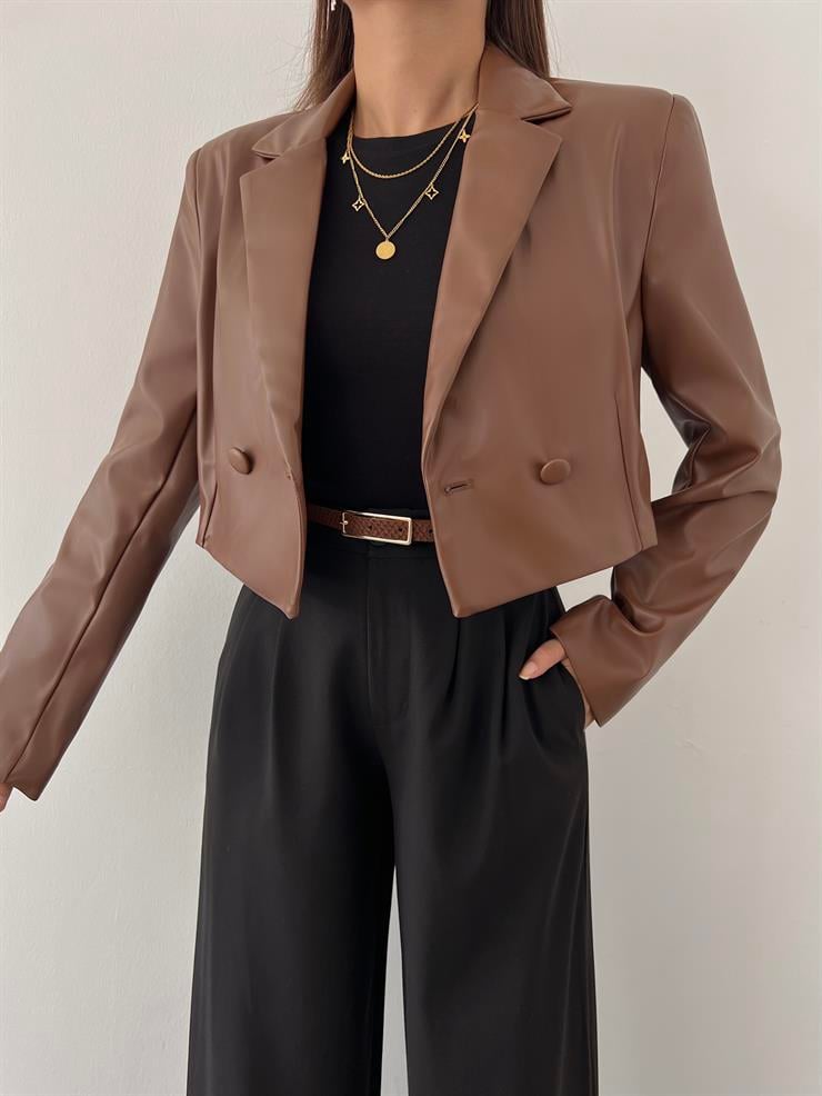 Önü Düğme Kapamalı Prokhop Kadın Taba Crop Vegan Deri Ceket 23K000476