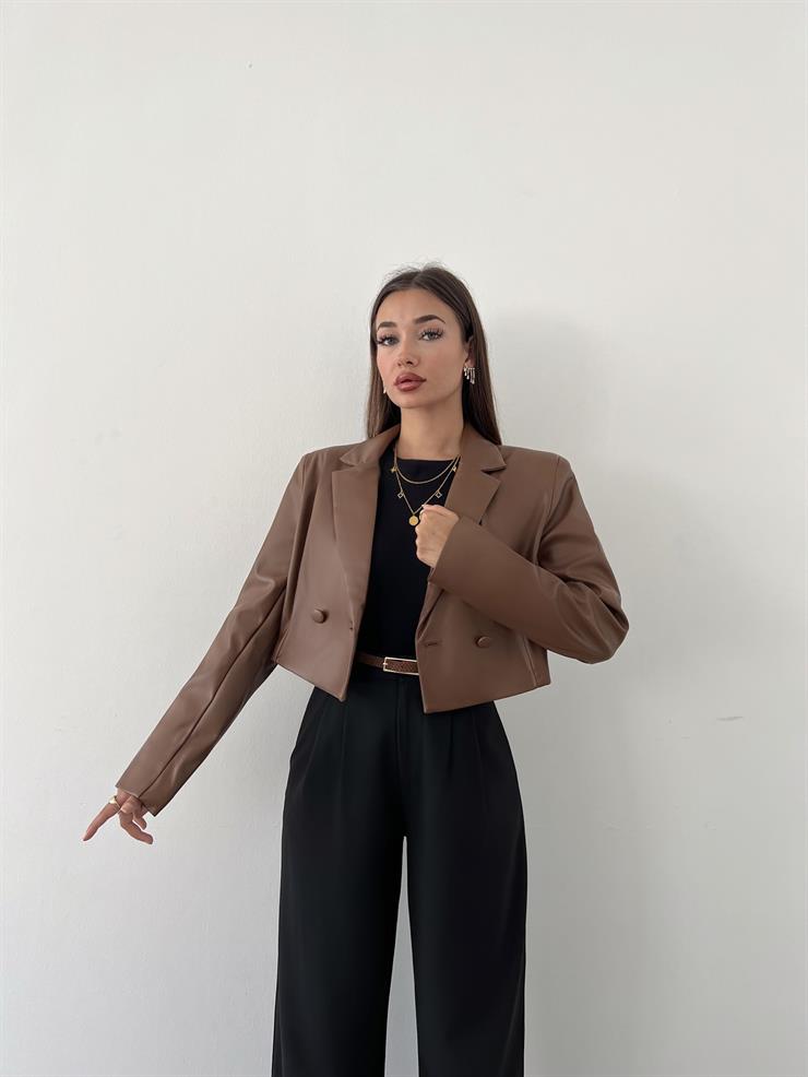 Önü Düğme Kapamalı Prokhop Kadın Taba Crop Vegan Deri Ceket 23K000476