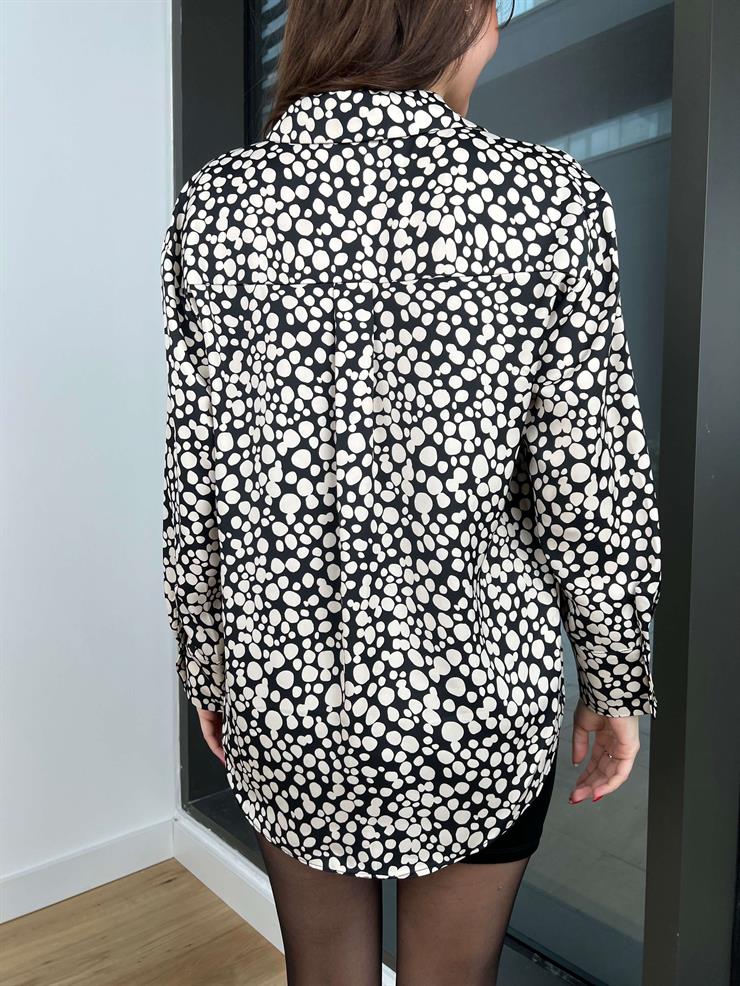 Puantiyeli Desenli Kadın Siyah Saten Gömlek 24k355