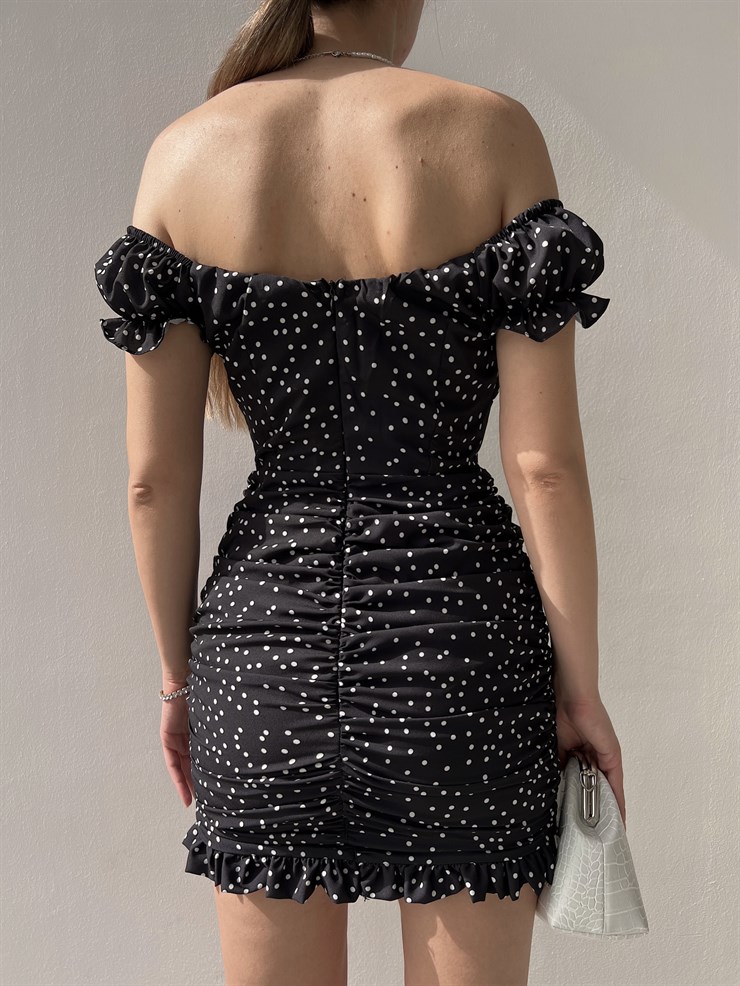 Puantiyeli Eteği Volanlı Düşük Kol Kadın Siyah Elbise 20Y000040