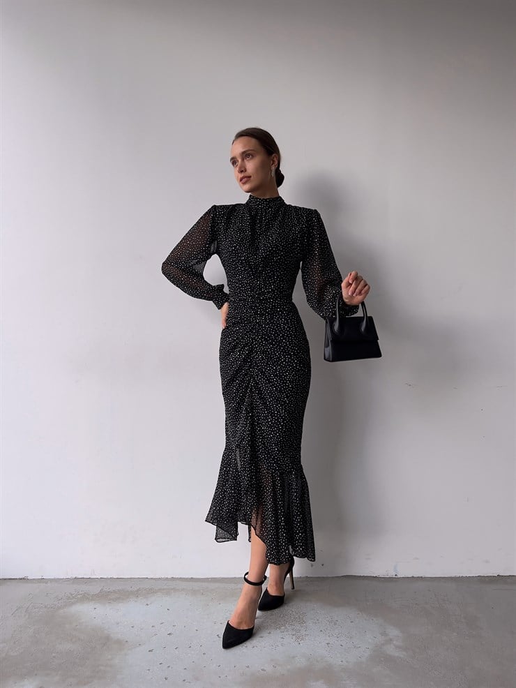 Puantiyeli Etek Ucu Fırfırlı Drapeli Darel Kadın Siyah Elbise 22K000444