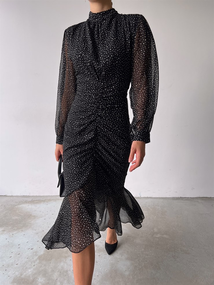 Puantiyeli Etek Ucu Fırfırlı Drapeli Darel Kadın Siyah Elbise 22K000444