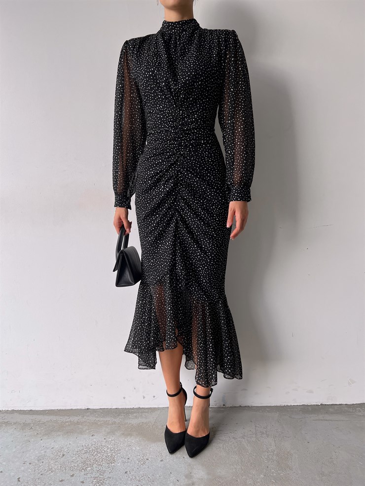 Puantiyeli Etek Ucu Fırfırlı Drapeli Darel Kadın Siyah Elbise 22K000444