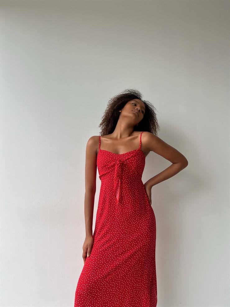 Puantiyeli Göğüsü Düğüm Detay Yırtmaçlı Marsala Kadın Kırmızı Elbise 22Y000458