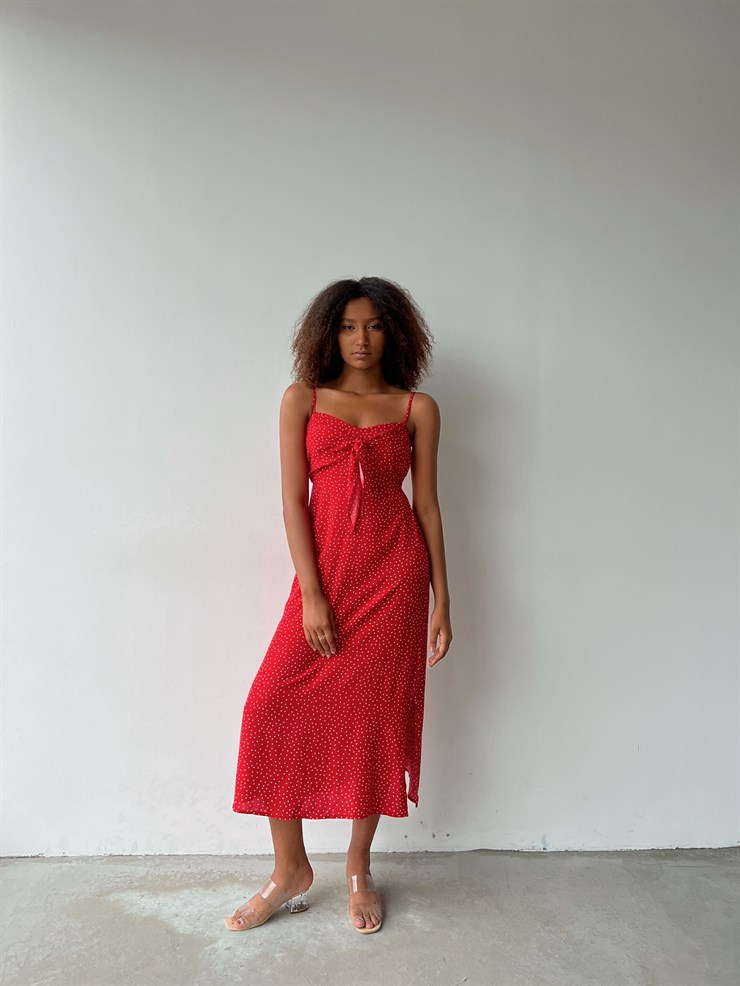 Puantiyeli Göğüsü Düğüm Detay Yırtmaçlı Marsala Kadın Kırmızı Elbise 22Y000458