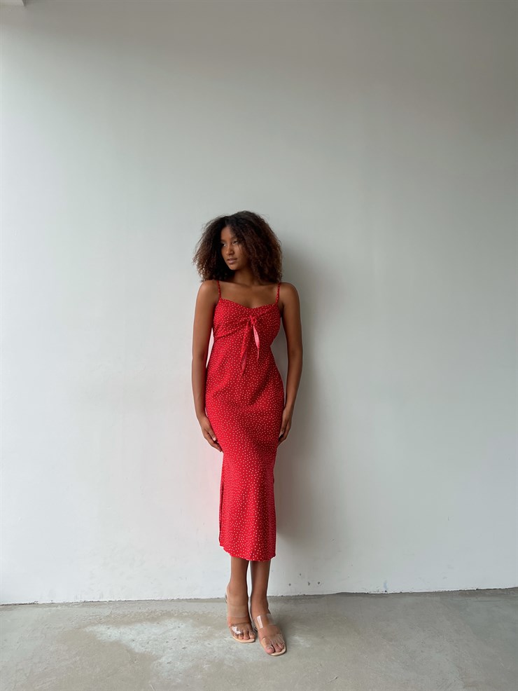 Puantiyeli Göğüsü Düğüm Detay Yırtmaçlı Marsala Kadın Kırmızı Elbise 22Y000458