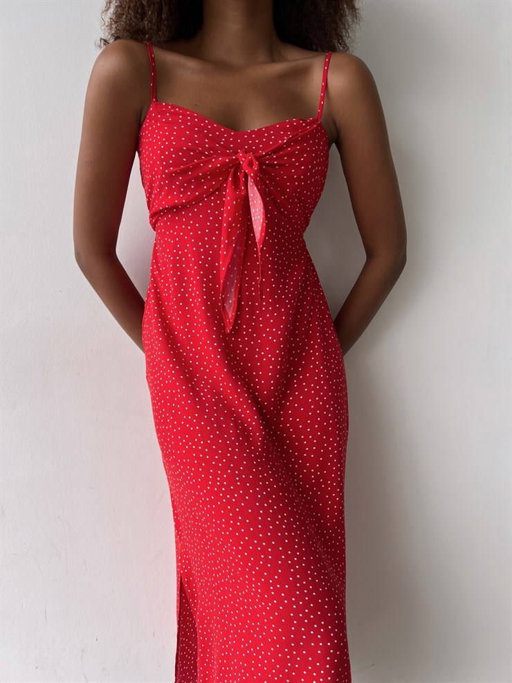 Puantiyeli Göğüsü Düğüm Detay Yırtmaçlı Marsala Kadın Kırmızı Elbise 22Y000458