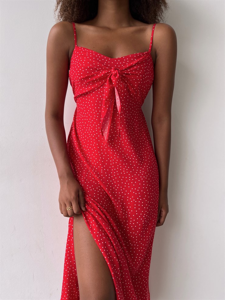 Puantiyeli Göğüsü Düğüm Detay Yırtmaçlı Marsala Kadın Kırmızı Elbise 22Y000458