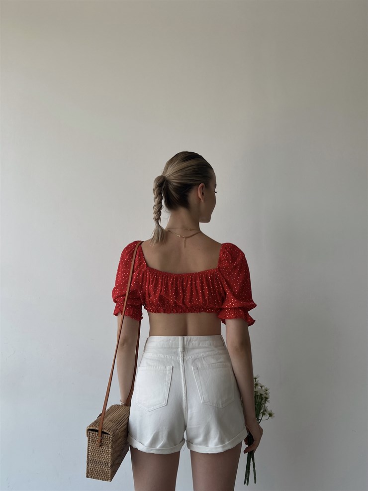 Puantiyeli Önden Bağcıklı Lastikli Zanna Kadın Kırmızı Crop Bluz 22Y000360