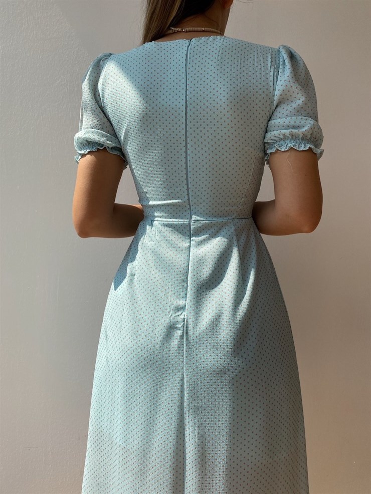 Puantiyeli Önü Düğmeli Midi Kadın Mavi Elbise 21Y000419