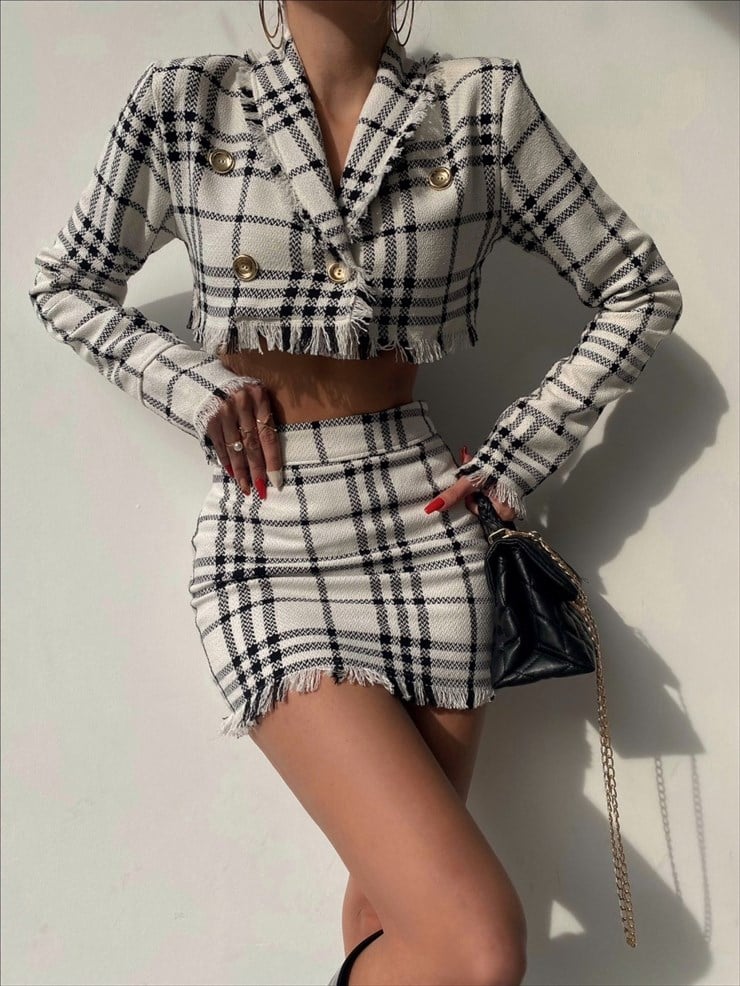 Püsküllü Ekose Mirabella Kadın Beyaz İkili Ceket Etek Takım 22K000407