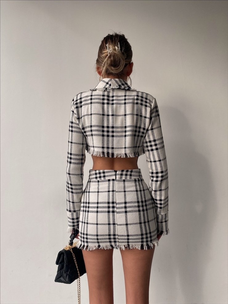 Püsküllü Ekose Mirabella Kadın Beyaz İkili Ceket Etek Takım 22K000407