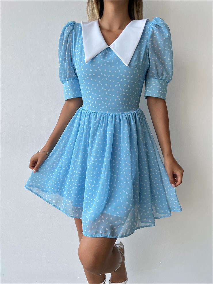 Gömlek Yaka Tül Balon Kol Quente Kadın Kalpli Mavi Elbise 23Y000341