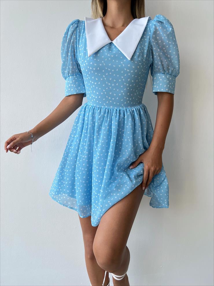 Gömlek Yaka Tül Balon Kol Quente Kadın Kalpli Mavi Elbise 23Y000341