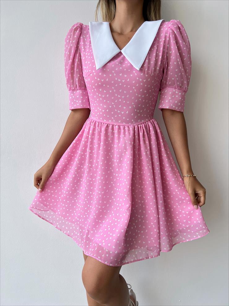 	Gömlek Yaka Tül Balon Kol Quente Kadın Kalpli Pembe Elbise 23Y000341