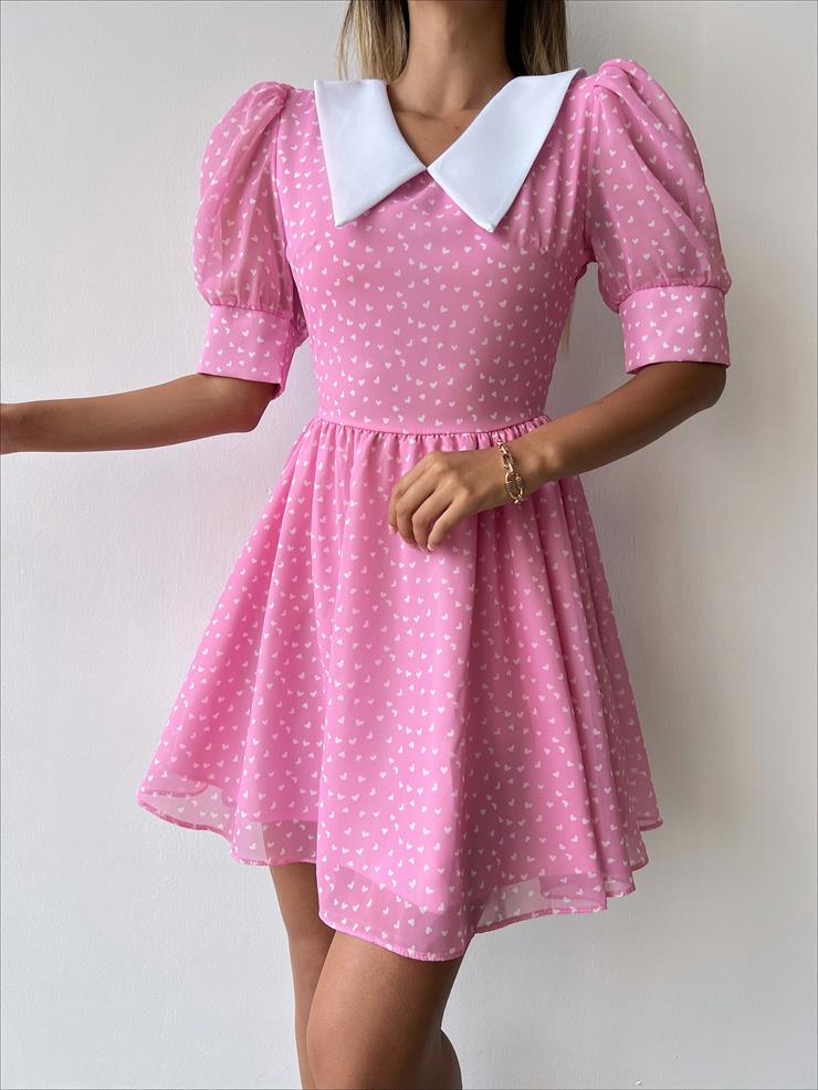 	Gömlek Yaka Tül Balon Kol Quente Kadın Kalpli Pembe Elbise 23Y000341