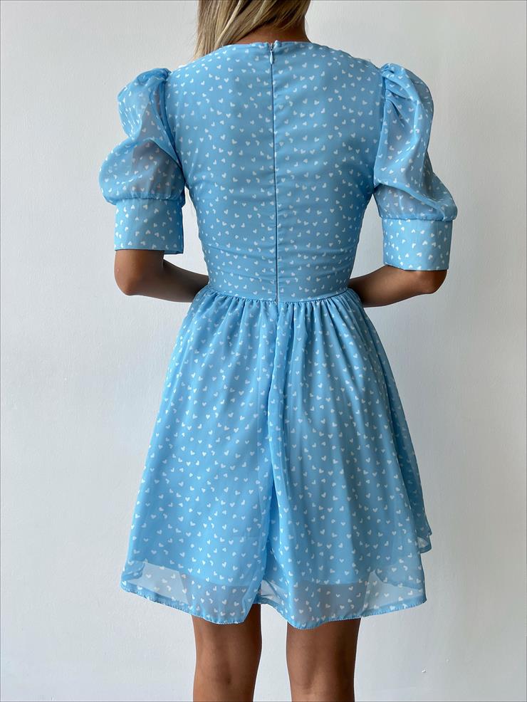 Gömlek Yaka Tül Balon Kol Quente Kadın Kalpli Mavi Elbise 23Y000341