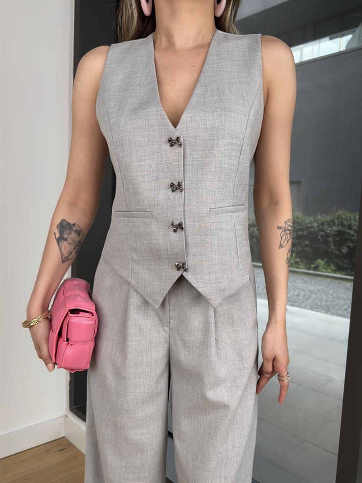 Düğme Kapamalı Rab Gri Kadın Yelek 25Y243