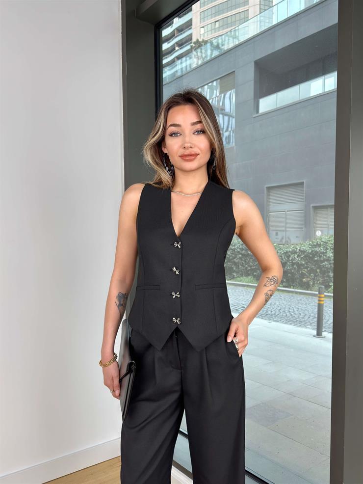 Düğme Kapamalı Rab Siyah Kadın Yelek 25Y243