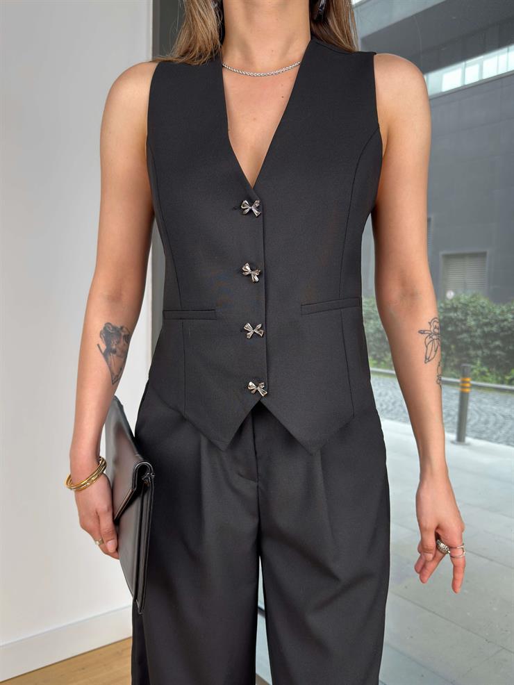 Düğme Kapamalı Rab Siyah Kadın Yelek 25Y243