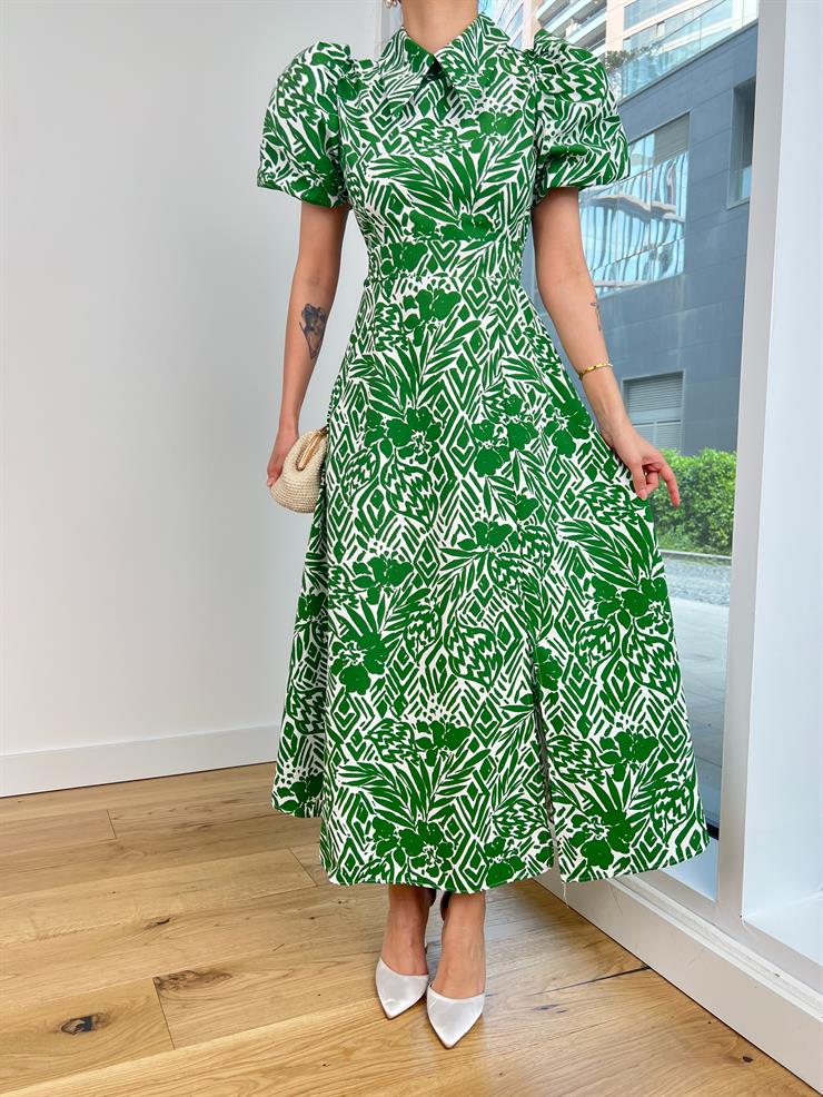 Kısa Balon Kol Gömlek Yaka Radek Kadın Yeşil Elbise 24Y439