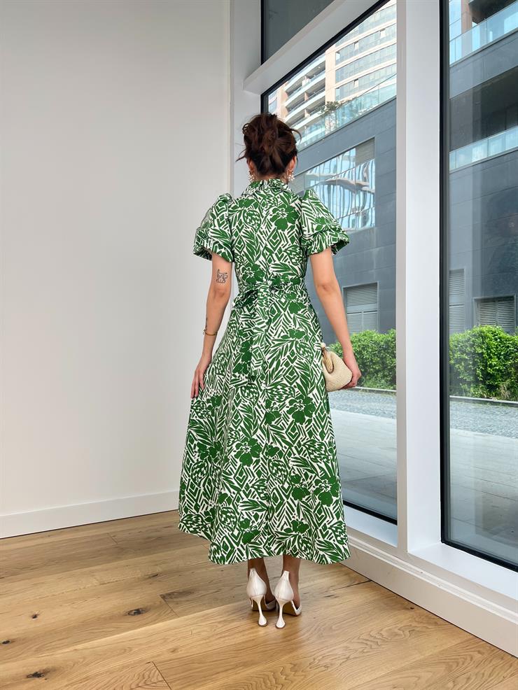 Kısa Balon Kol Gömlek Yaka Radek Kadın Yeşil Elbise 24Y439