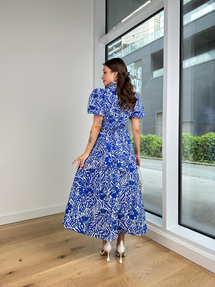 Kısa Balon Kol Gömlek Yaka Radek Kadın Mavi Elbise 24Y439