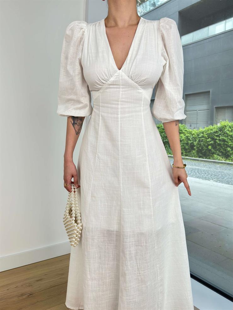 V Yaka Balon Kol Sırt Dekolteli Radka Kadın Beyaz Elbise 24Y475