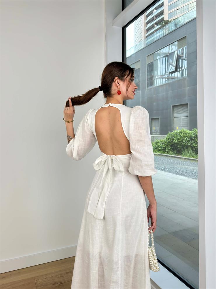 V Yaka Balon Kol Sırt Dekolteli Radka Kadın Beyaz Elbise 24Y475