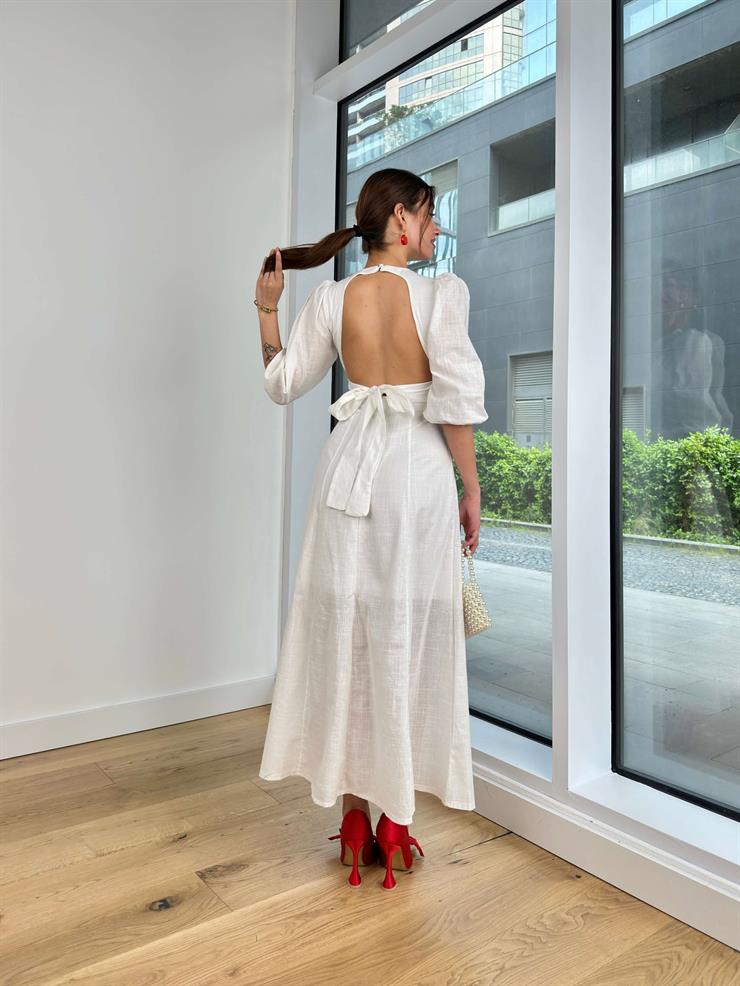 V Yaka Balon Kol Sırt Dekolteli Radka Kadın Beyaz Elbise 24Y475