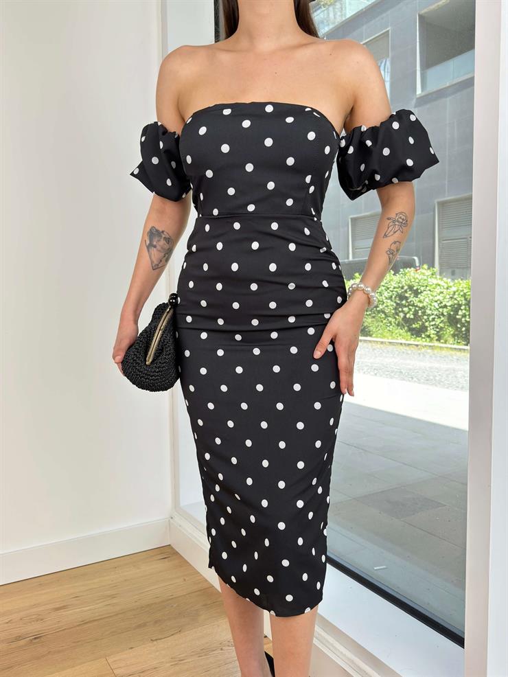 Düşük Balon Kol Radkal Kadın Puantiyeli Siyah Midi Elbise 24Y606