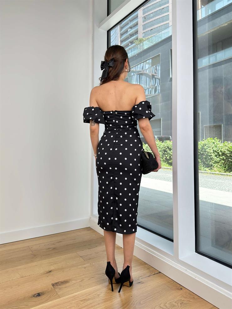 Düşük Balon Kol Radkal Kadın Puantiyeli Siyah Midi Elbise 24Y606