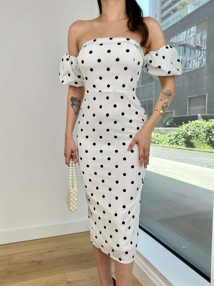 Düşük Balon Kol Radkal Kadın Puantiyeli Beyaz Midi Elbise 24Y606