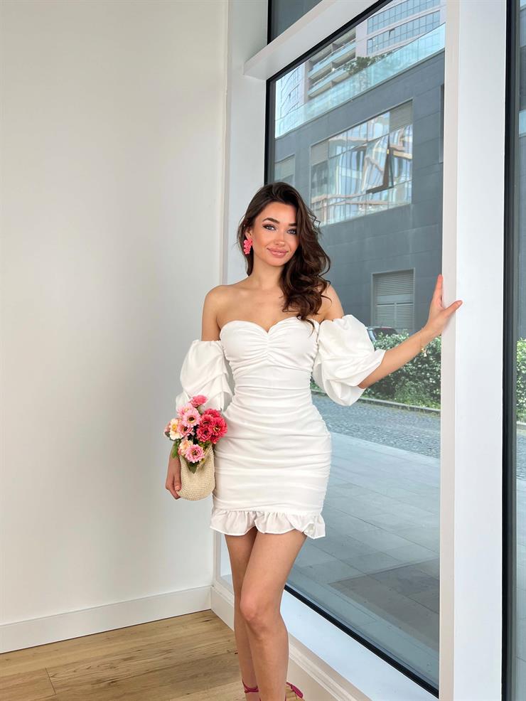 Düşük Balon Kol Drapeli Radovan Kadın Beyaz Mini Elbise 24Y603