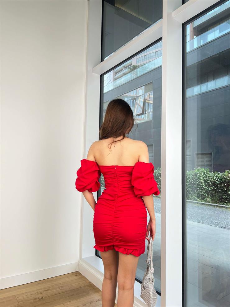 Düşük Balon Kol Drapeli Radovan Kadın Kırmızı Mini Elbise 24Y603