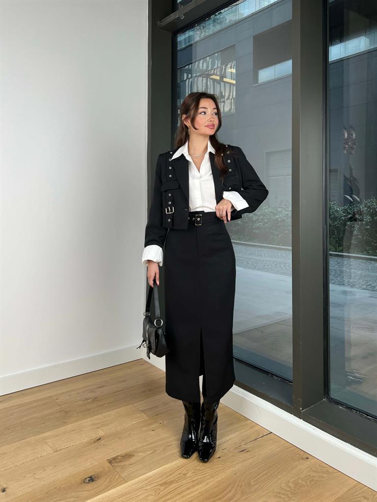 Yüksek Bel Önü Yırtmaçlı Beli Kemerli Raguel Kadın Siyah Etek 24Y092