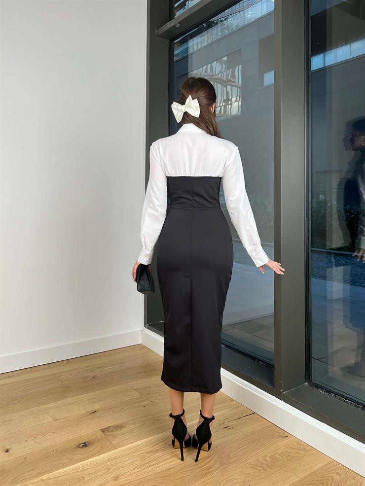 Gömlekli Önü Düğme Detaylı Raila Kadın Siyah Midi Elbise 24k432