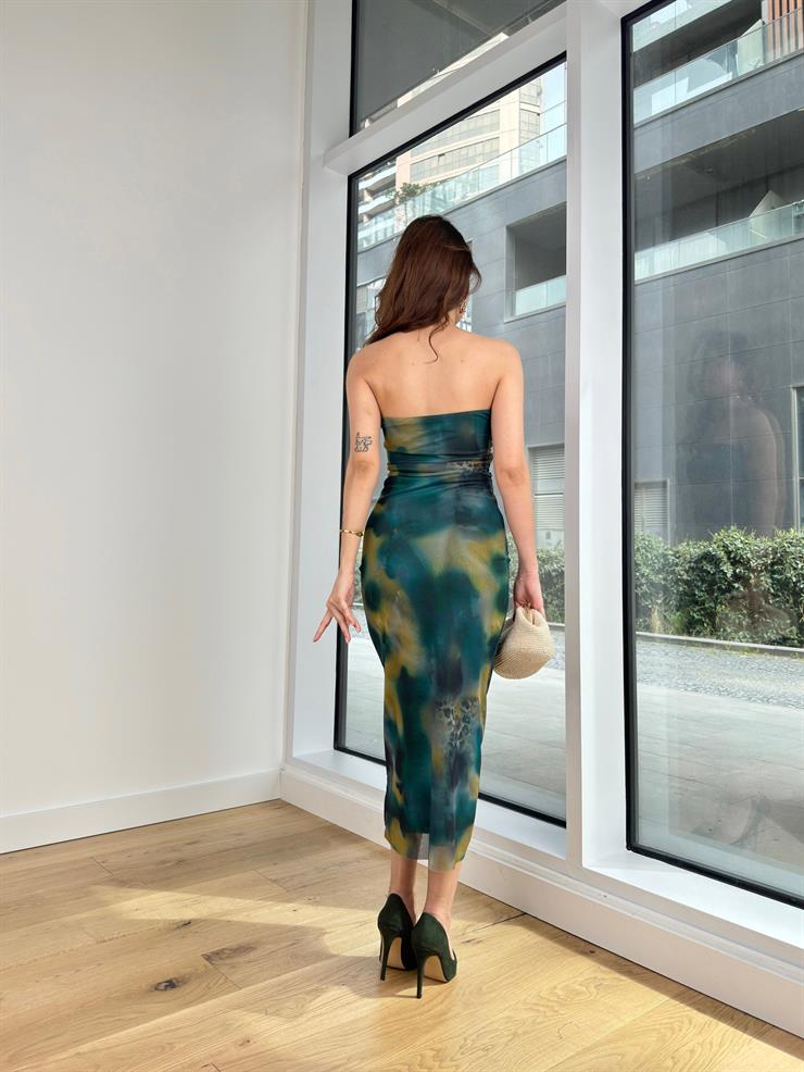 Straplez Drapeli Ralf Kadın Desenli Yeşil Midi Elbise 24Y354