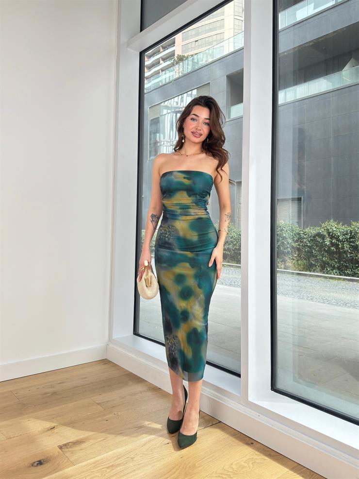 Straplez Drapeli Ralf Kadın Desenli Yeşil Midi Elbise 24Y354