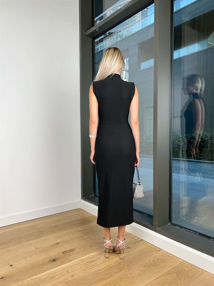 Boğazlı Kolsuz Eteği Yırtmaçlı Ralike Kadın Siyah Midi Elbise 24Y021